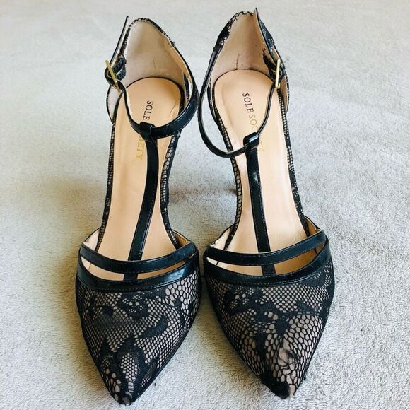Sole Society Black Lace So Nicola Pointed Toe T-Strap Stiletto Pump - Picture 2 of 16